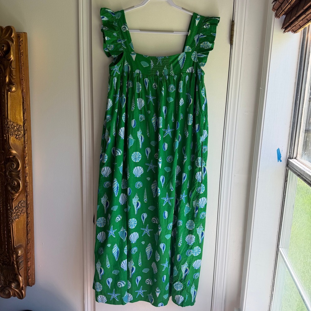Printfresh Green Seashell Organic Cotton Ruffle Midi Dress Womens Large L - Picture 6 of 10